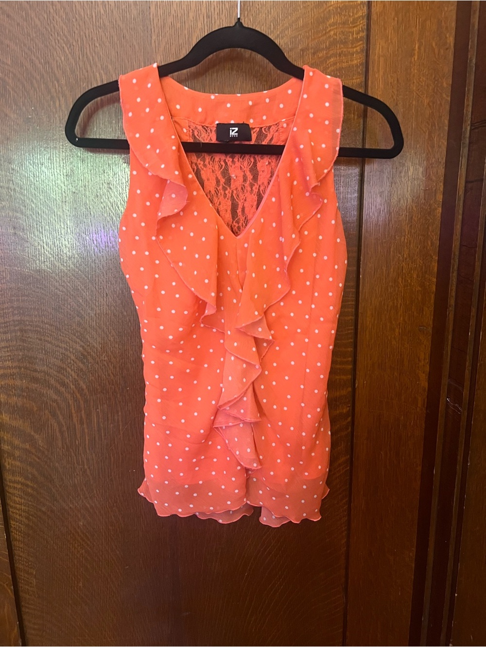 Iz Byer Coral Polka Dot Ruffle Tank with Lace Back